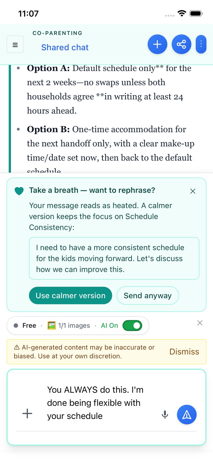 SharedChat Co-Parenting room showing the calm-down card with a calmer version of a heated message
